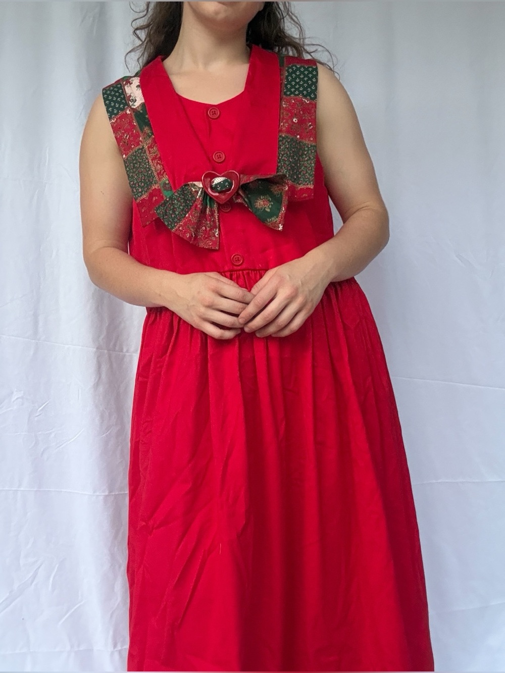 Vintage Handmade Red Dress Patchwork Bow Heart Cottagecore Prairie